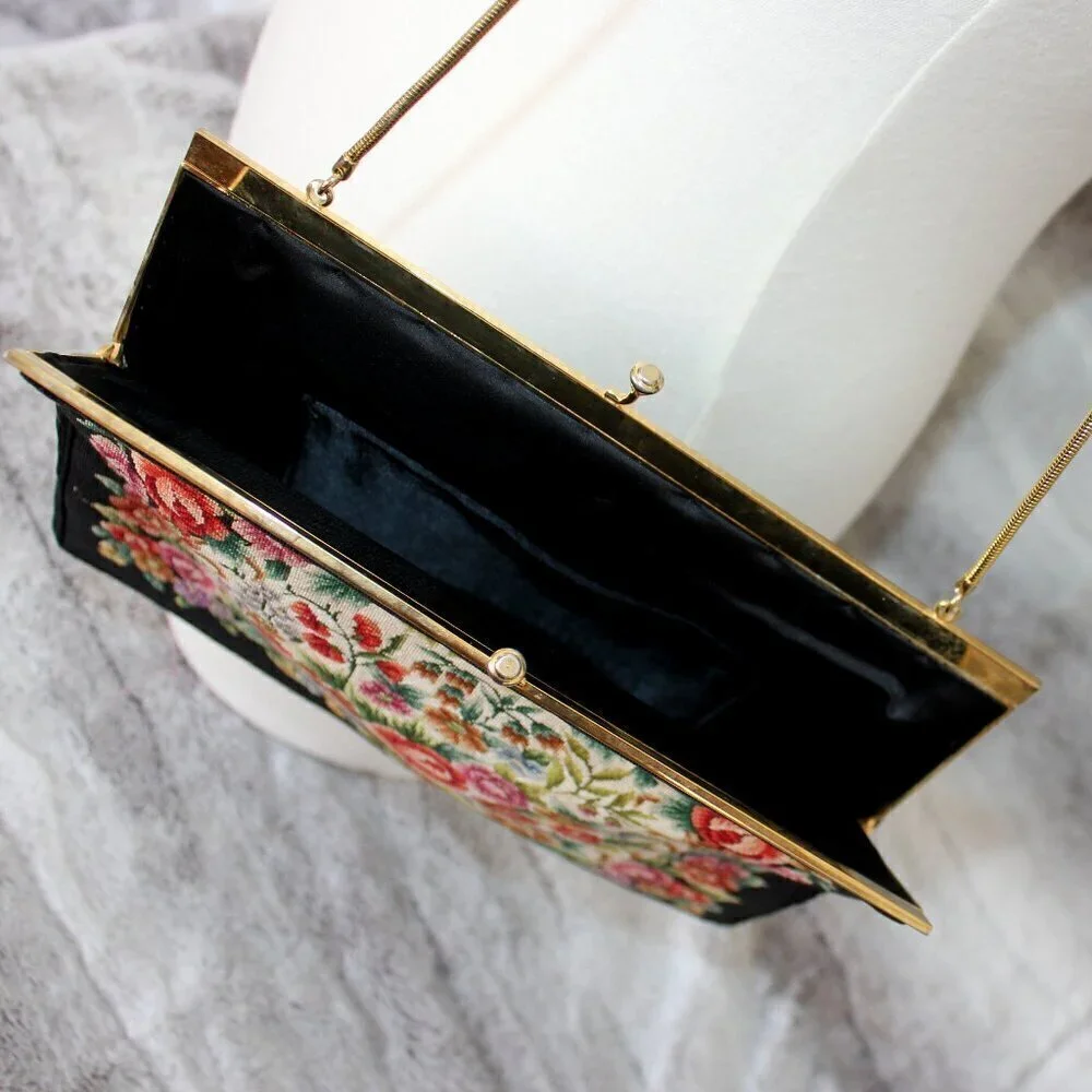 Vintage Style Petite Needlepoint Point Embroidery Handbag Gold Strap Purse